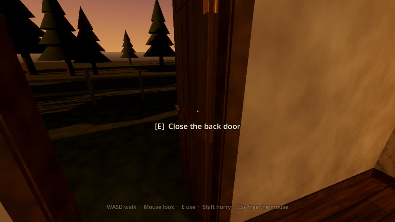 Opus 5.5's house at dusk: the player stands in the open back doorway, prompted to close the back door.
