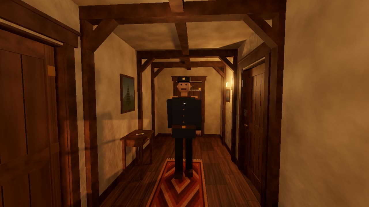 Opus 5.5's guard walks down a timber-beamed hallway toward the player.