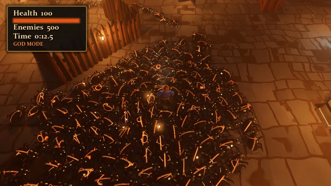 The dressed game from the close camera: a dwarf miner in a blue shirt with a lit helmet lamp stands in a packed swarm of glossy black beetles with glowing orange cracks, beside a palisade of sharpened posts and a lantern. The HUD reads Health 100, Enemies 500.