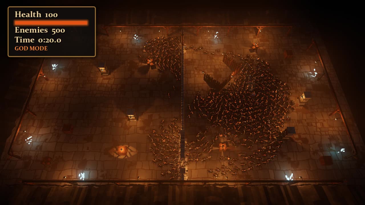 The dressed game from the high camera: a dark stone chamber lit by lanterns, with five hundred ember-lit beetles streaming through both openings in the middle wall and packing round the player in the right-hand room.