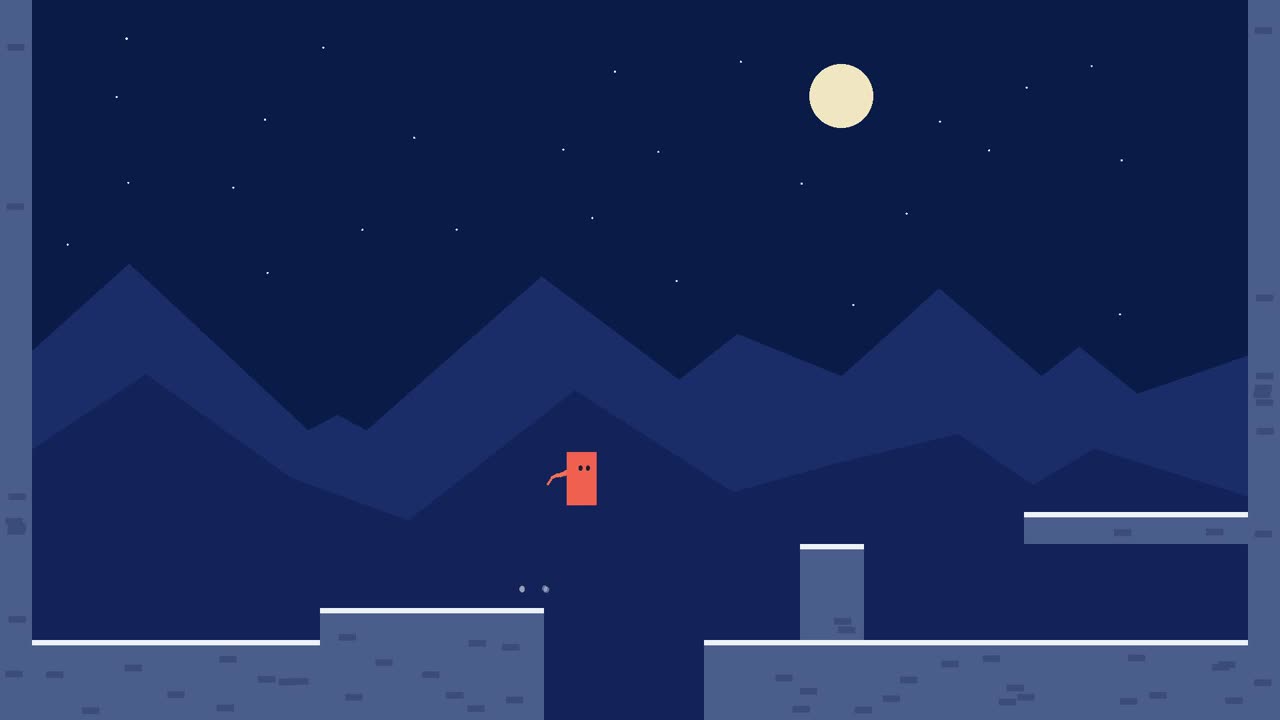 Claude Haiku 5.5's jump after the look pass: a night sky with stars and a pale moon over two layers of mountains, snow on top of every block, and the coral player with a trailing scarf in mid-jump over the gap, two puffs of dust at the ledge's edge behind it.