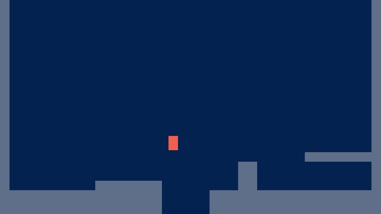 The same moment in Haiku's first pass: the grey-box room on a navy background, with the step, the ledge, the gap, the tall block and the shelf, and the coral rectangle in mid-jump over the gap.