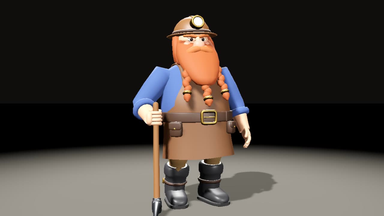 Claude Opus 5.5's dwarf miner, built in Blender: a helmet with a lamp, an orange beard with three braids, a blue shirt, a tan leather apron and a pickaxe held upright.