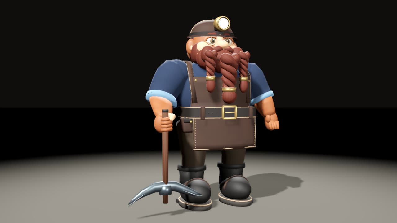 GPT-6.1 Sol's dwarf miner, built in Blender: a wide build, a red-brown beard of rope-twist braids, a navy shirt, a dark stitched apron and a pickaxe resting on the floor.