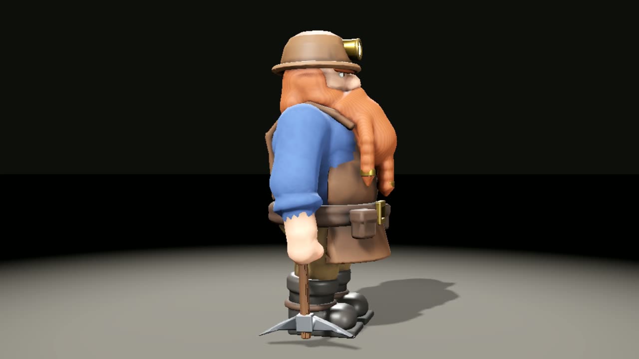 Claude Opus 5.5's dwarf miner on the turntable: helmet and lamp, braided orange beard, blue shirt, leather apron and a pickaxe.