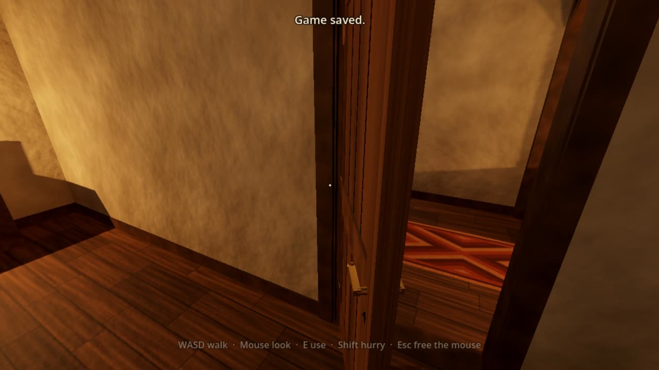 Claude Opus 5.5's game saved with the bedroom door partway through its swing, seen from inside the bedroom, with the line Game saved. at the top.