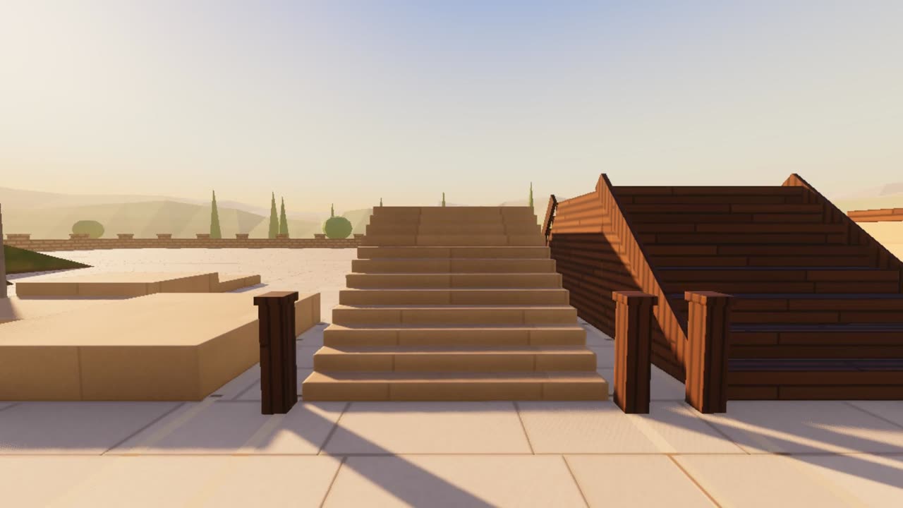 The test course once it was dressed, in first person at the foot of a flight of sandstone steps between dark timber posts, with a steeper timber flight to the right, a low wall, cypresses and hazy hills in low sun.