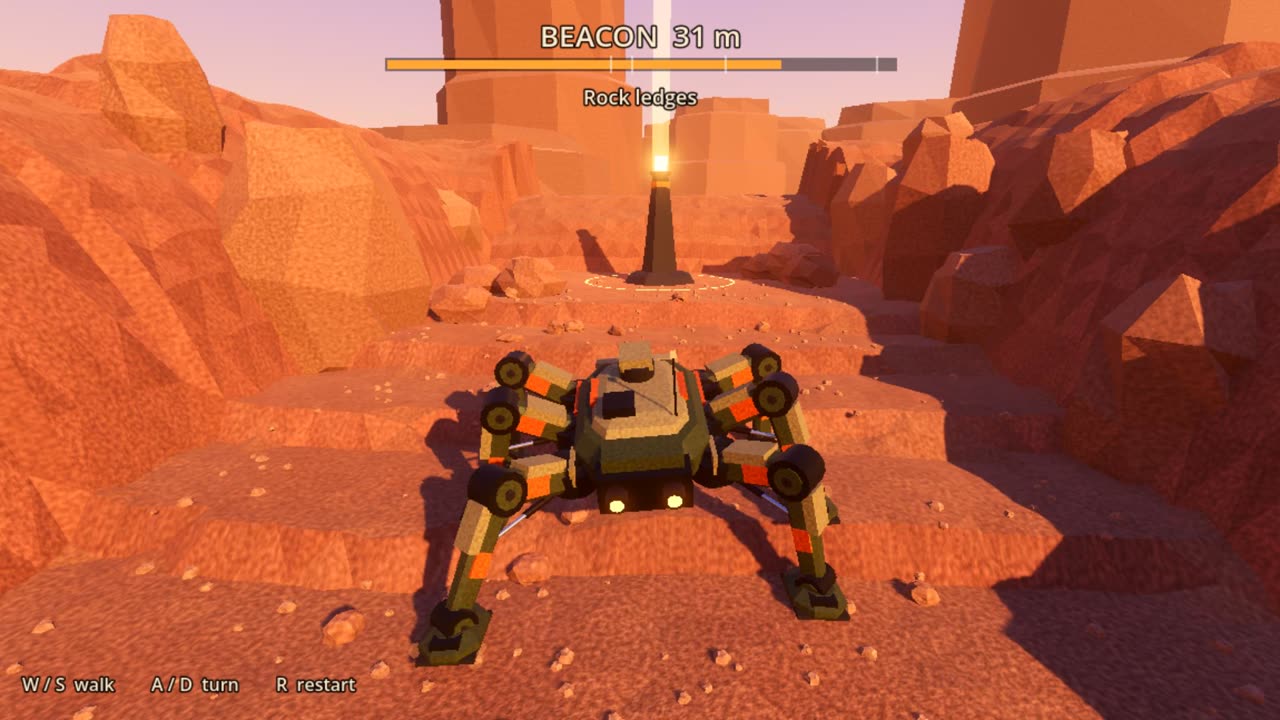 Sonnet 5.5's walker crosses an orange rock canyon toward a lit beacon 31 metres away.