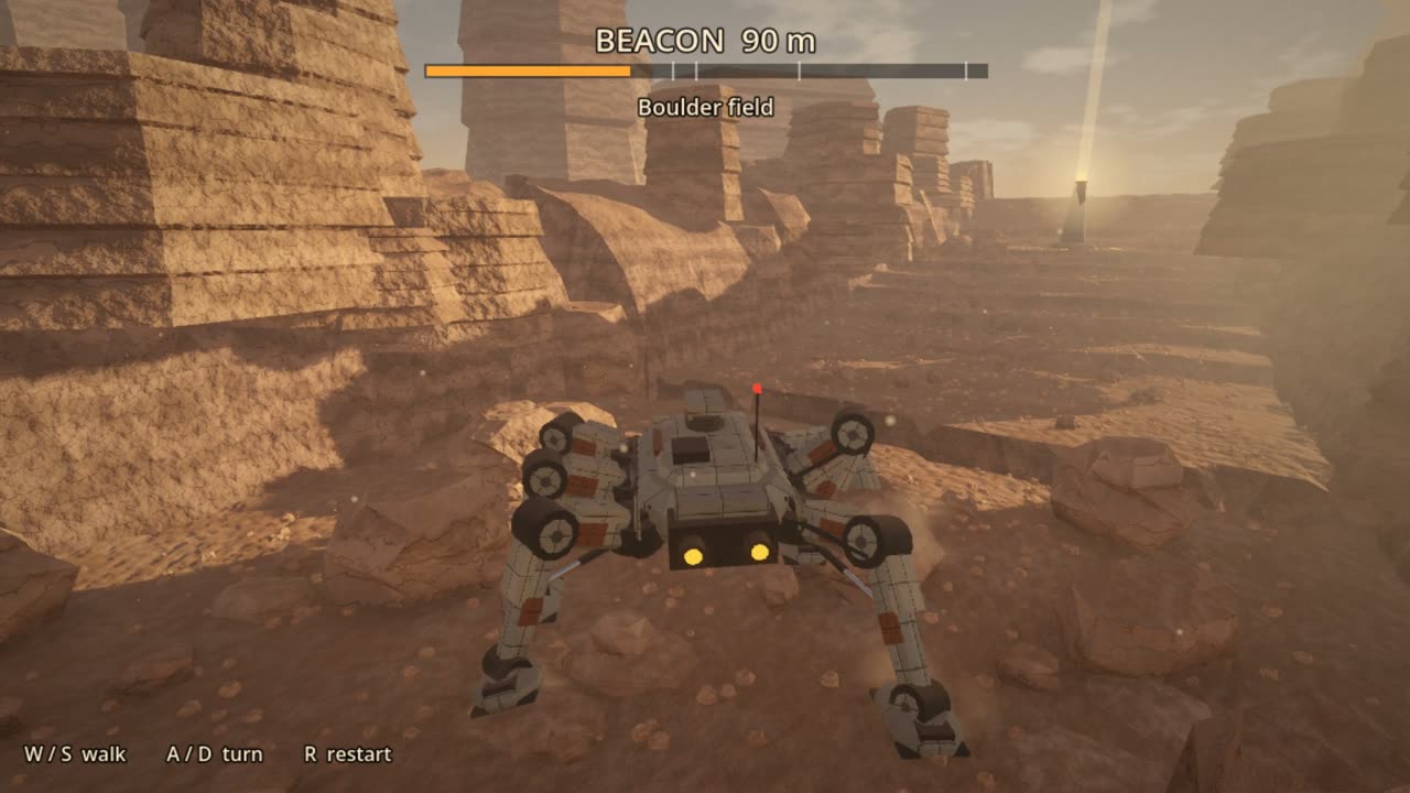 Sonnet 5.5's second, realistic pass: a weathered metal walker in a dusty sandstone canyon, the beacon 90 metres ahead.