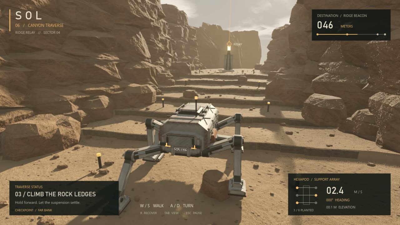 GPT-6.1 Sol's second pass: a grey metal walker climbing rock ledges in a sandstone canyon.