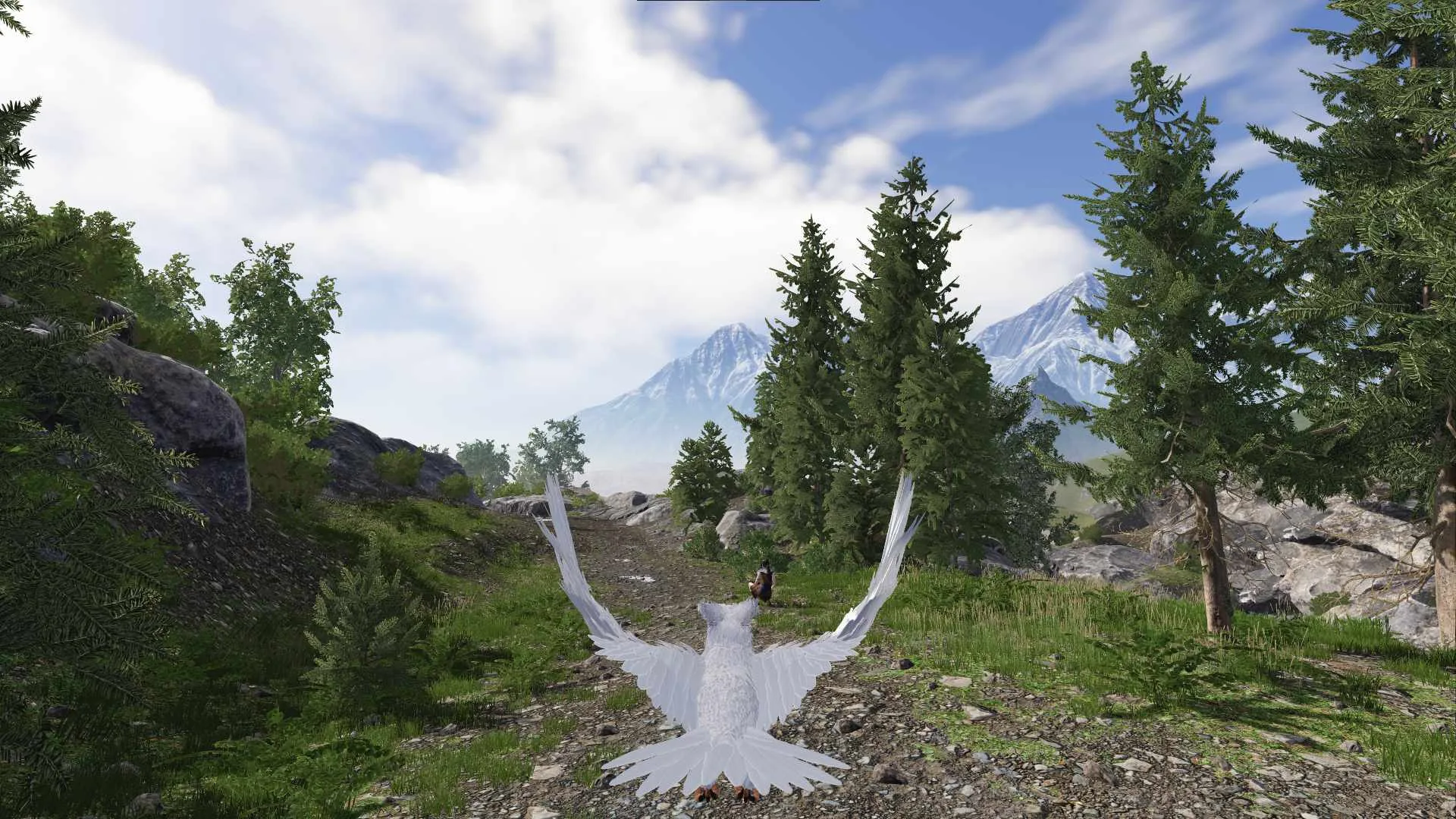 A white bird lifting off a dirt track toward a seated figure, with pines and a mountain behind them